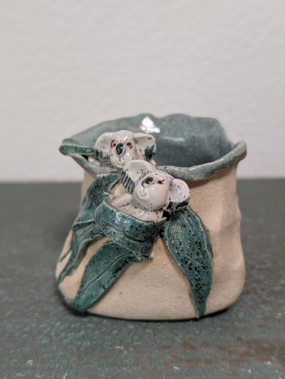 Stoneware Majolica Pottery Vase Pot with Applied Koala Bears and Leaves 3" AUS
